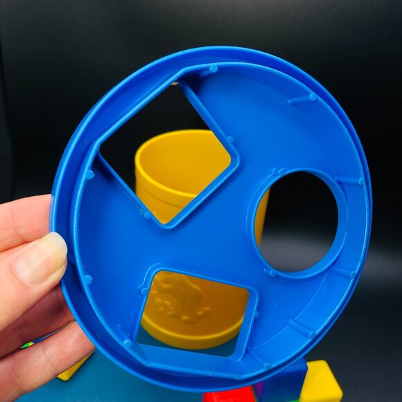 1977 Fisher Price Baby's First Blocks Shape Sorter Yellow Bucket Blue Lid - Picture 7 of 10